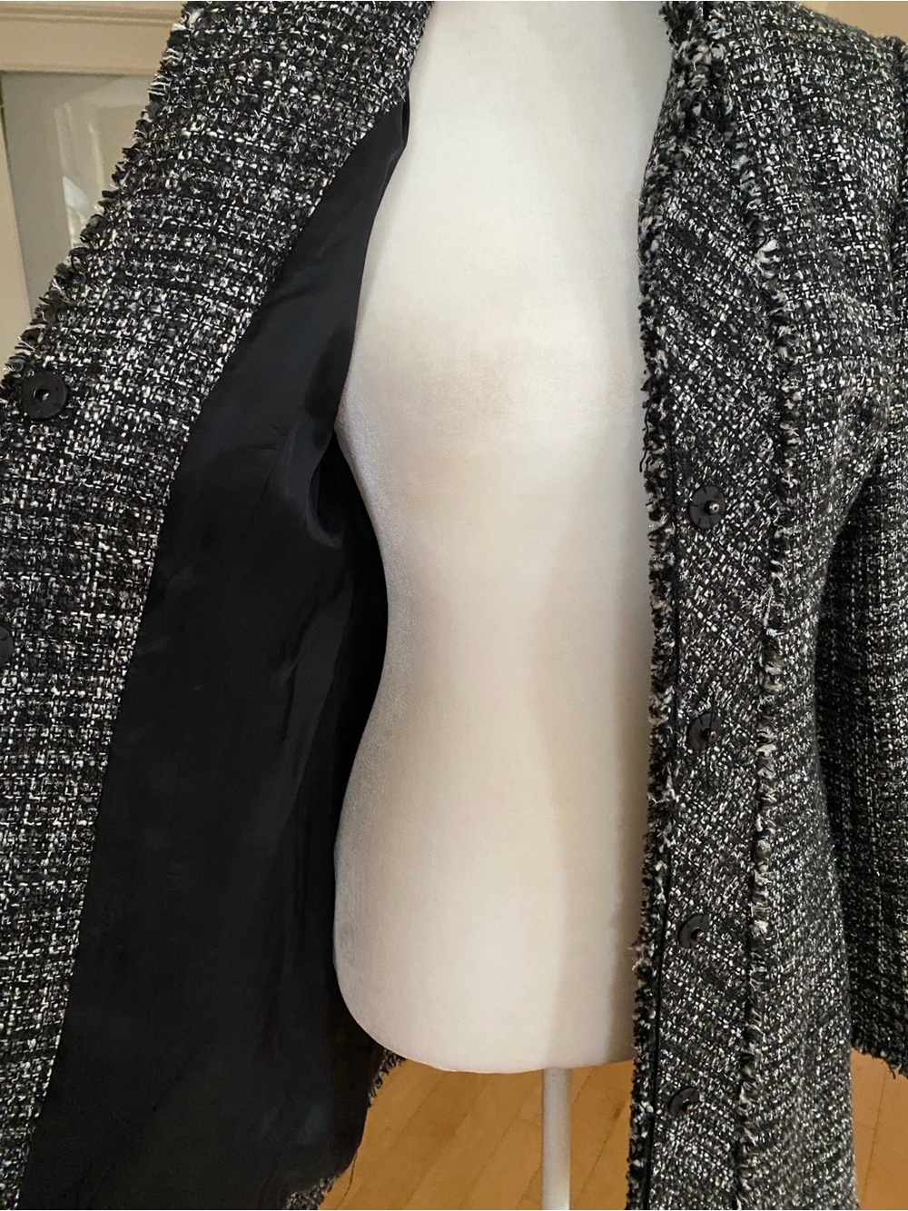 White House Black Market Black, Silver and White Tweed Fringe-Edge Coat - Picture 4 of 8